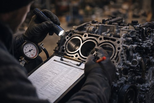 Inspecting used auto parts Calgary engine for quality and testing